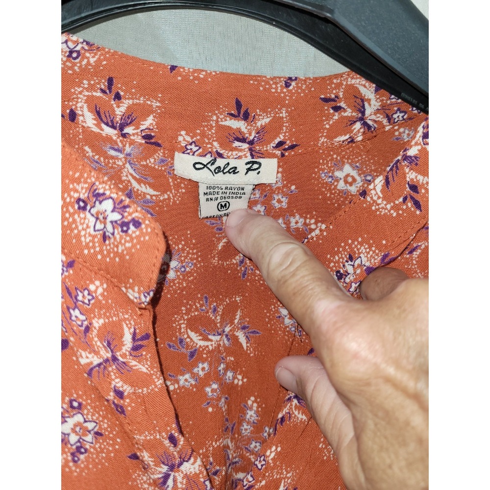 Xola P. Orange Floral Shirt Dress Smocked Waist V-Neck Long Sleeve M - Picture 4 of 7